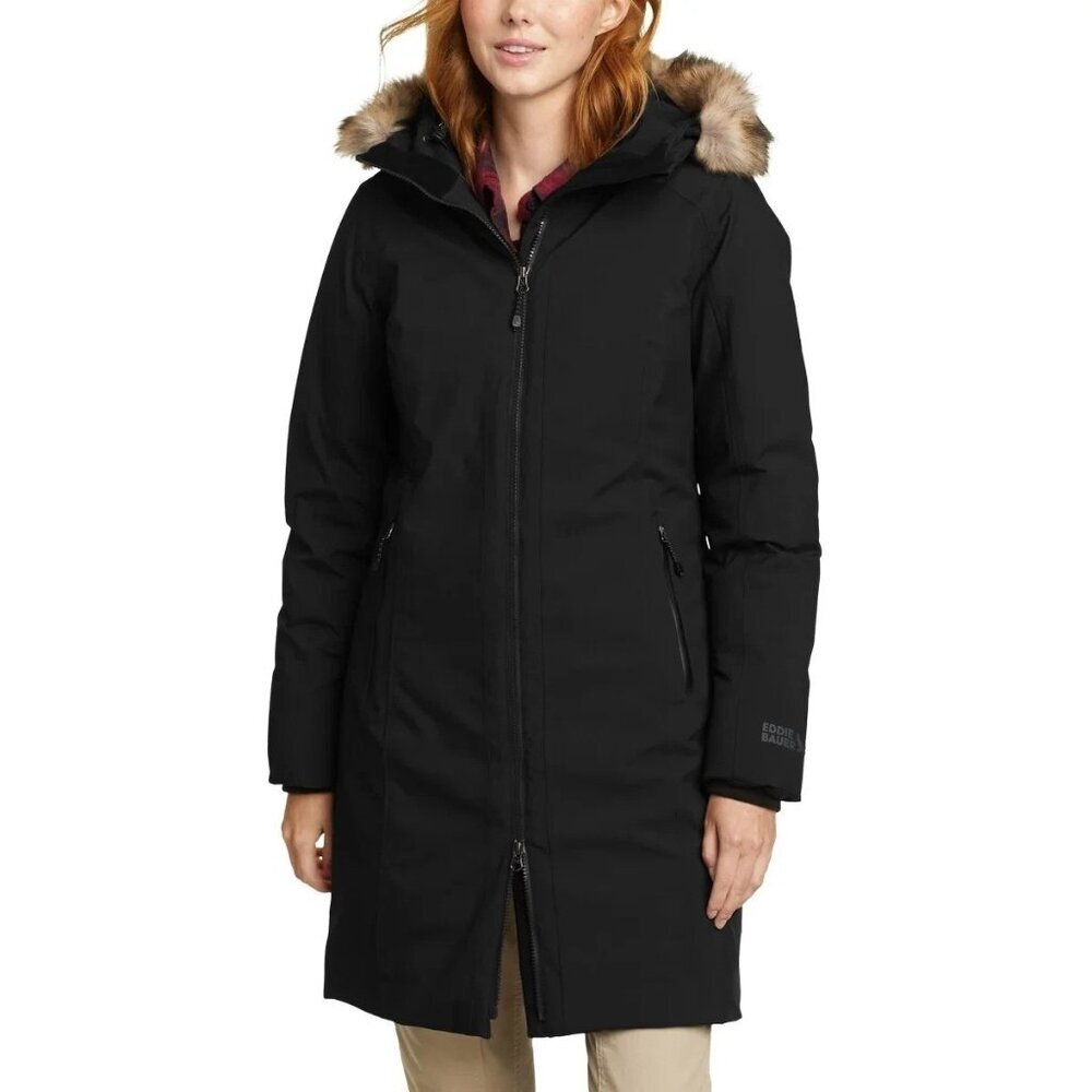Eddie Bauer Women's L Down 650 Fill Long Parka Coat Faux Fur Hood Black Jck195